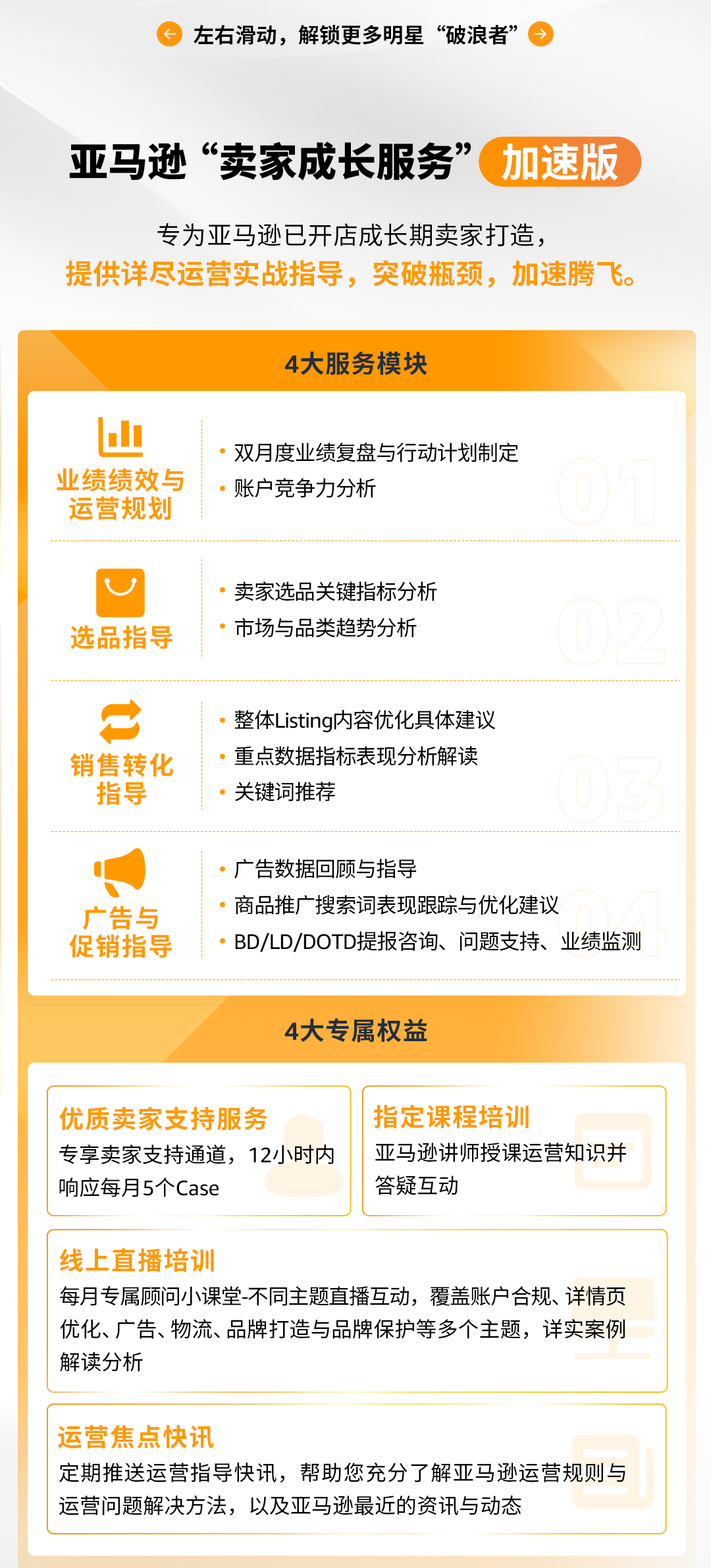 定制化、系统性、高时效、超精准的亚马逊卖家成长服务，助您乘风破浪，扬帆远航